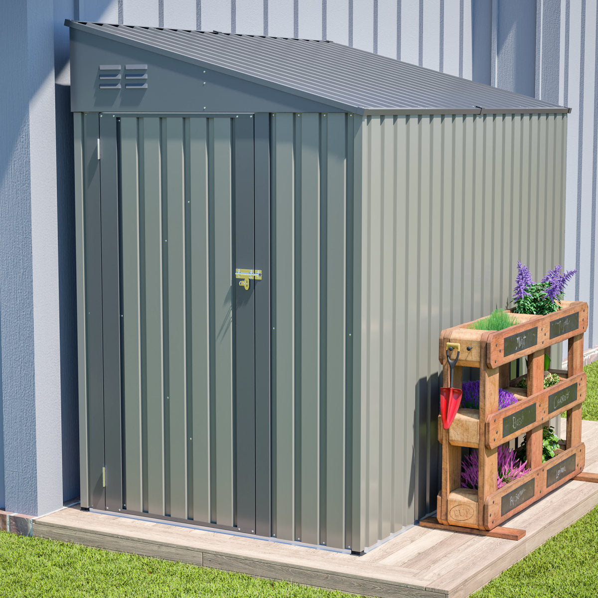 4x7 Foot Lean-To Shed In Olive Grey, Heavy-Duty Steel Outdoor Storage For Garden Tools & Bicycles, Maximize Your & Patio Space With All-Weather Protection