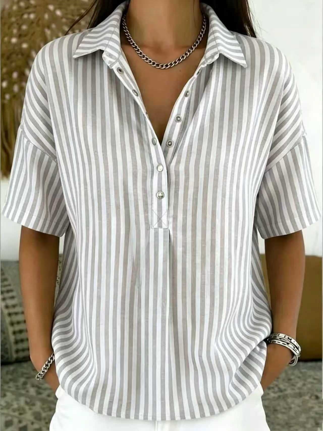 Womens Fashion Casual Striped Short-sleeve Shirt