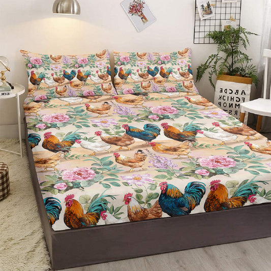 Hen Rooster Print Bed Sheet Set Farmhouse Animals Fitted Sheet, Room Decor Chicken Bedding Set Floral Rose Pattern Bed Cover 3Pcs
