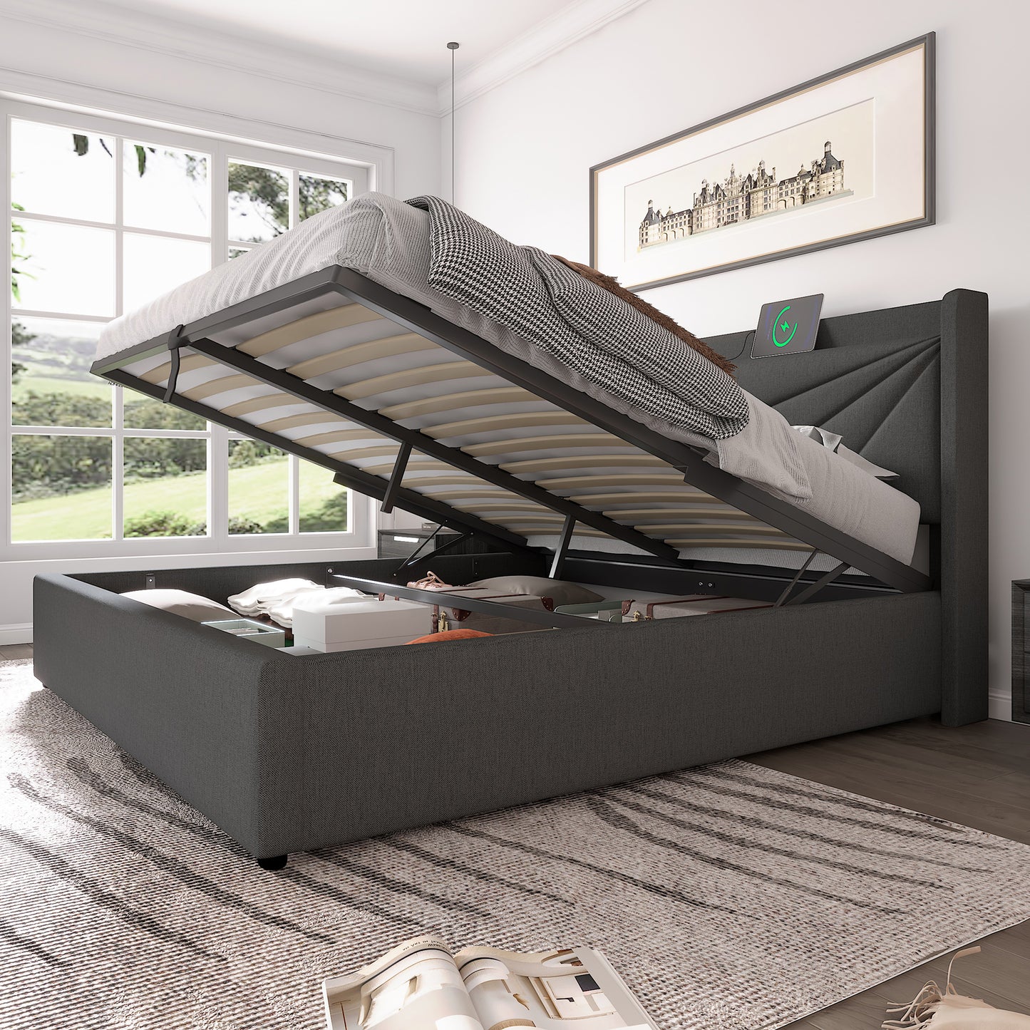 Upholstered Bed Double Bed Storage Bed Box With USB Type C Charging Function Headboard,Storage Beds Bed Frame Made Of Linen Material Youth Bed Bed 160x200 With Slatted Base  Without Mattress