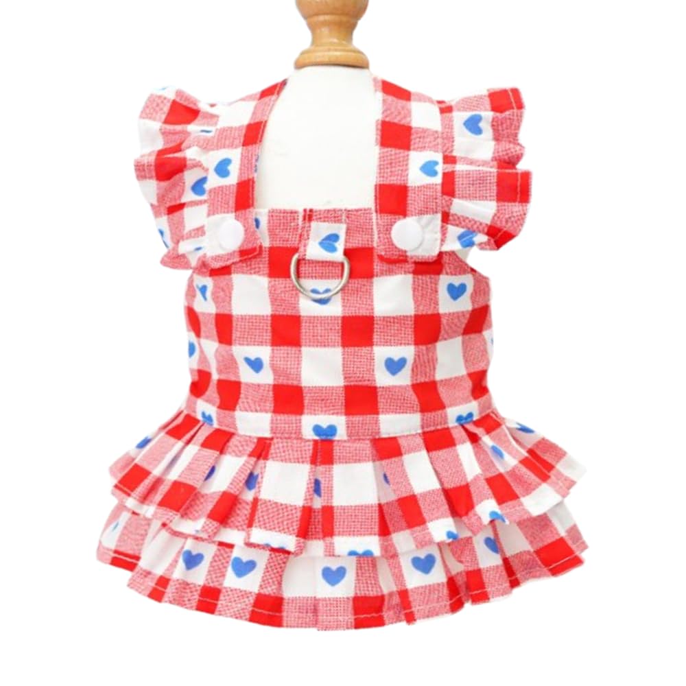 Red Plaid Small Dog Dress Girl Spring Cat Clothes With Heart Pattern Summer Pet Dresses For Dogs Cats Cute Puppy Outfit For Small Dog With Leash Ring