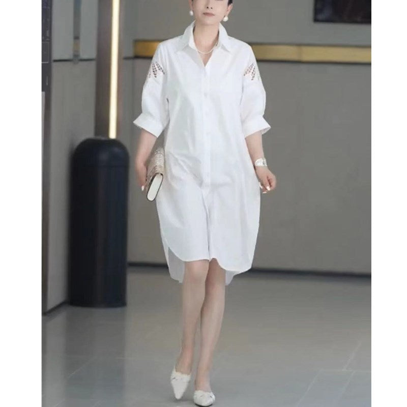 New White Lapel Blouse Dress Loose-fitting Mid-length Womens Skirt