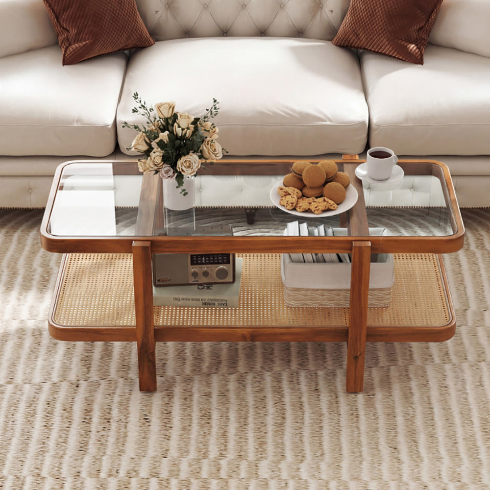 2-Tier Coffee Table With Storage And Tempered Glass Tabletop PE Rattan Anti-fading, Tear-proof For Office, Waiting Room, Or Reception Room