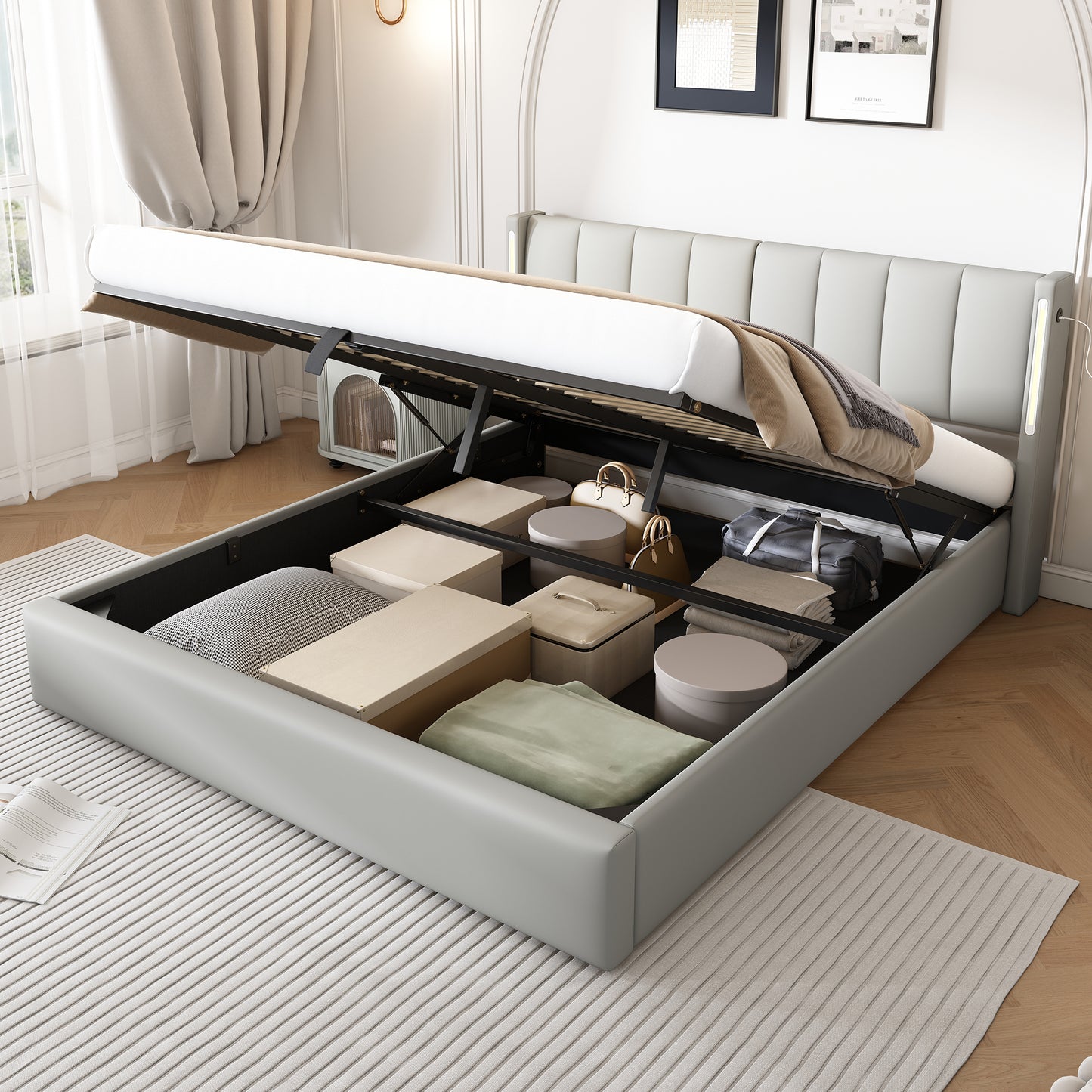 Binaural LED Upholstered Bed 140 X 200 Cm, Hydraulic Bed, Rechargeable USB Port In Bed, With LED Lighting, With Storage, Adjustable Headboard, PU, Grey