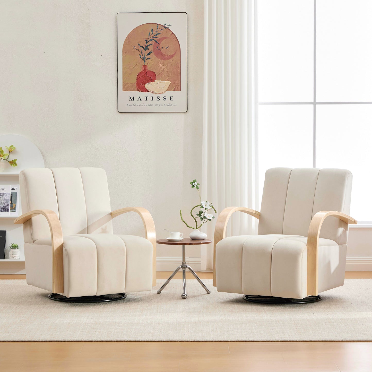 30.7 W Modern Upholstered 360 Swivel Accent Chair With Solid Wood Armrests And Comfy Channel Tufted Lounge Reading Chair, Single Sofa Armchair For Hotel Bedroom Living Room Office And Bedroom. Beige