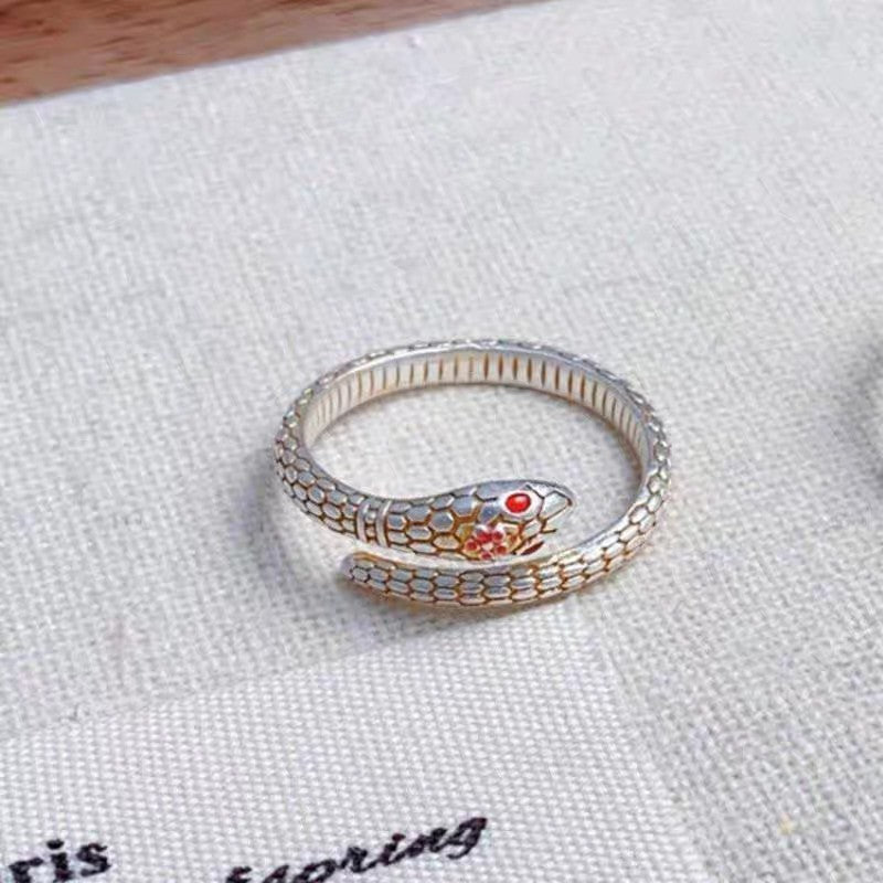 1pc 999 Sterling Silver Gold-Plated Enamel Peach Blossom Snake Open Ring, Retro & Elegant Style, Perfect For Daily, Dating & Gifting, Ideal Valentine's Gift