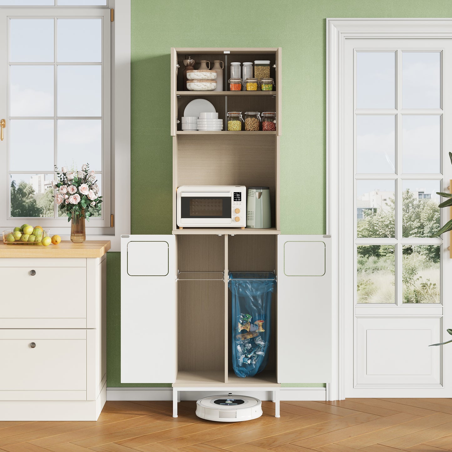 Trash Cabinet, Kitchen Cabinet With Garbage Rack, 181cm Tall Cabinet With Microwave Compartment & Garbage Area, Height-adjustable Storage Space For Vacuum Cleaner, 53x35x181cm