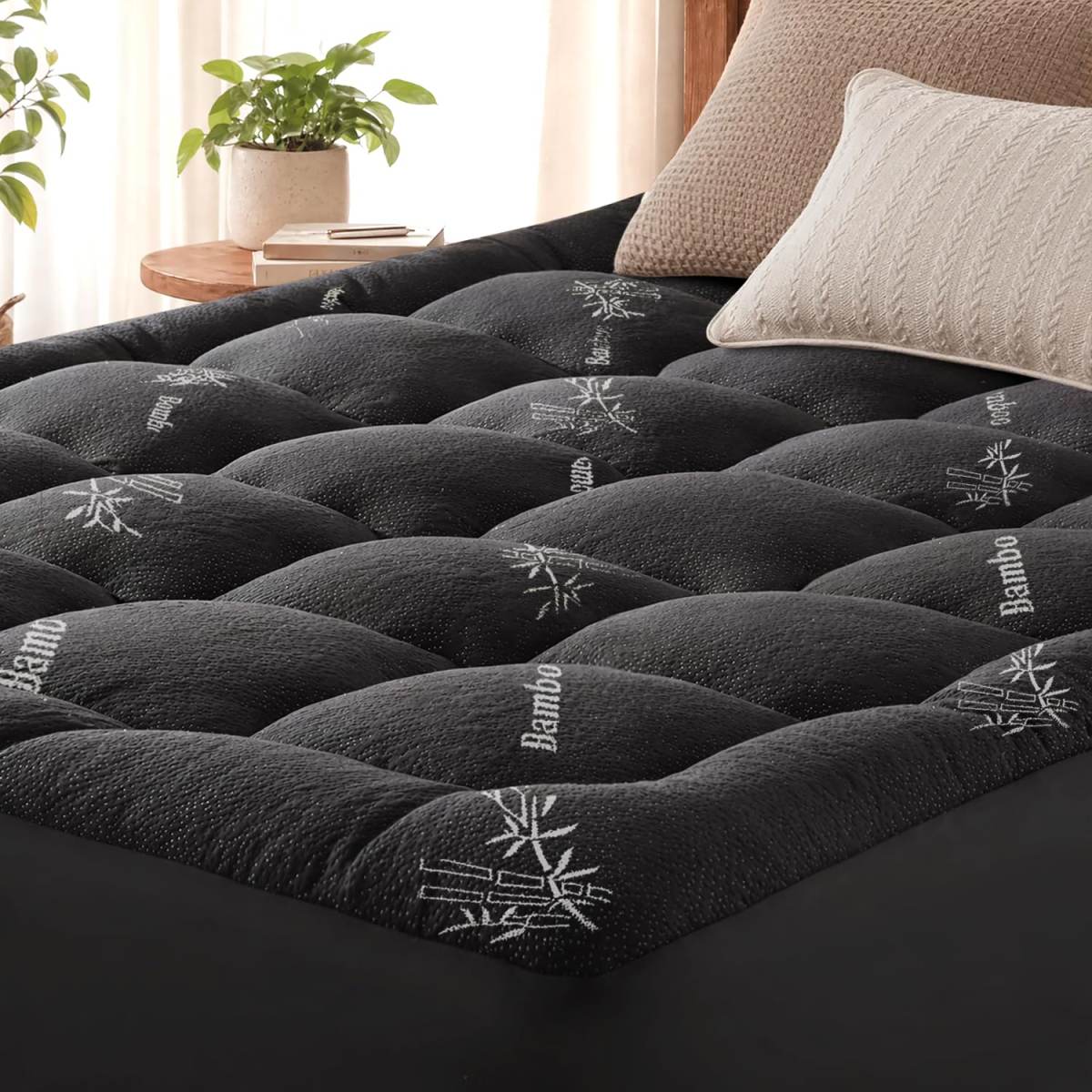 Queen Mattress Topper Viscose Derived From Bamboo, Cooling Thick Pillow Top Mattress Pad With Deep Pocket For 8-21 Mattress, Soft Breathable Mattress Topper For Back Pain Relief, Black   Green