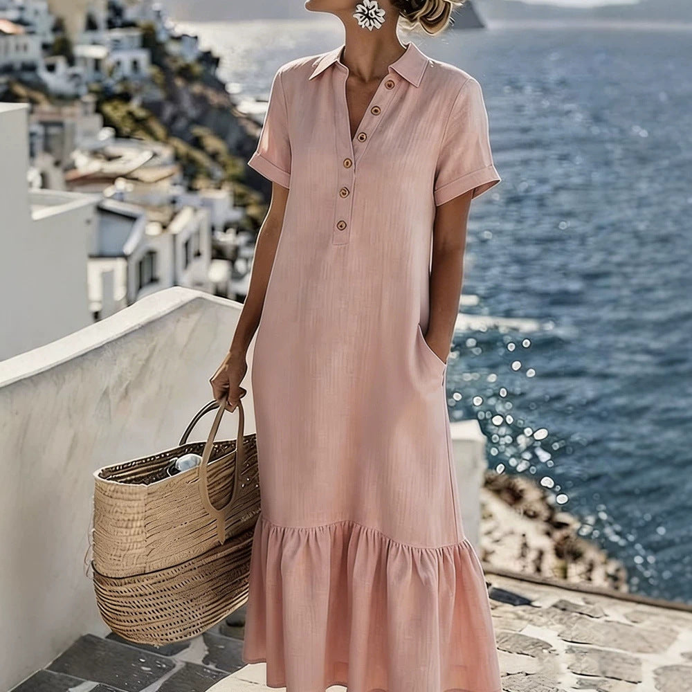 Summer New Womens Casual Loose-Fit Fashionable Pleated Lapel Short-Sleeve Plus-Size Shirt Dress