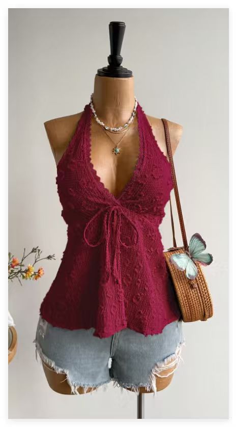 New V-neck Backless Halter Top Vacation Style Sexy Hot Girl Jacquard Summer Top