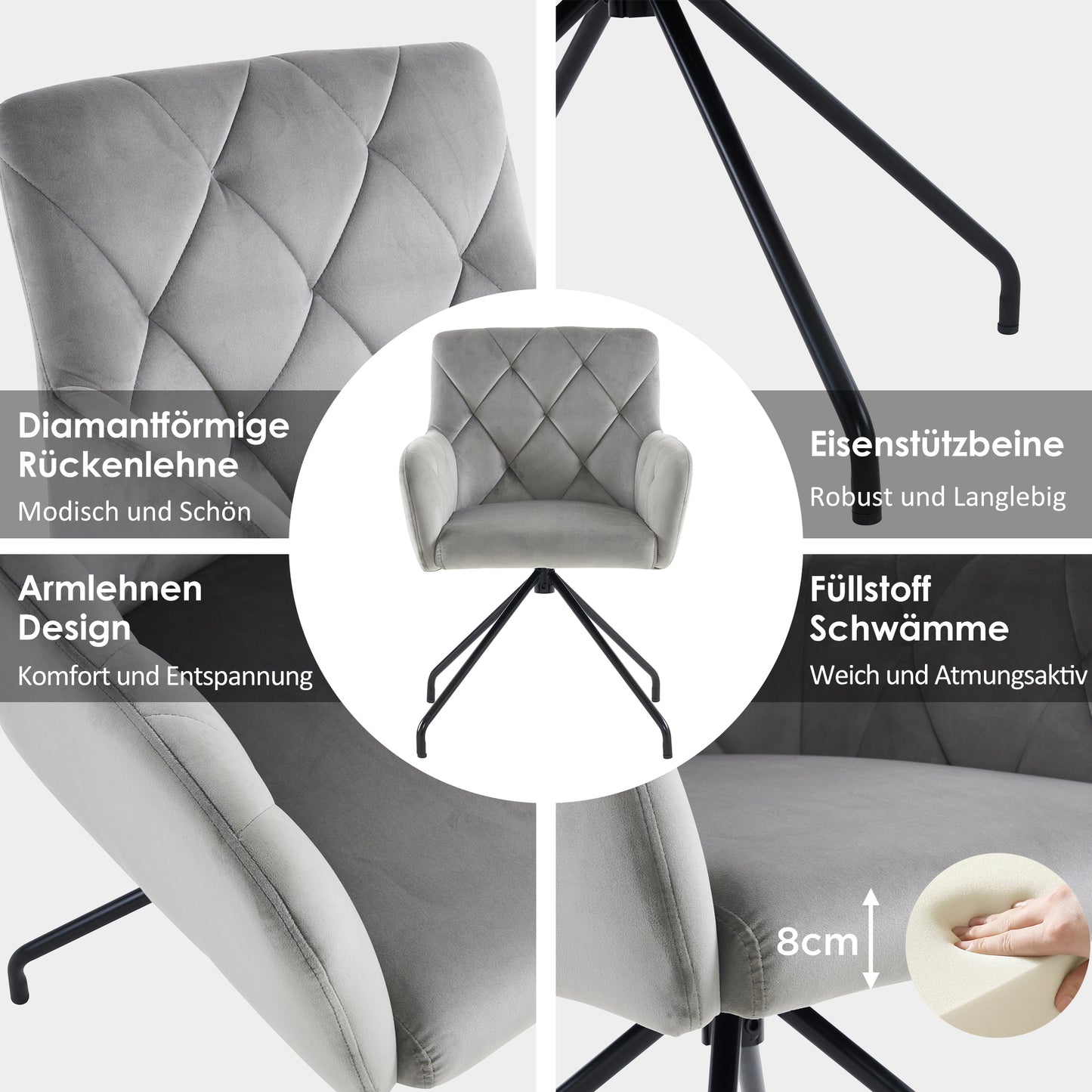 Set Of 6 Diamond Dining Chairs,Upholstered Armchair With 4 Metal Legs,Modern Lounge Chair,Living Room Chair For Bedroom,Study And Desk,Lumbar Support,Velvet,Light Grey