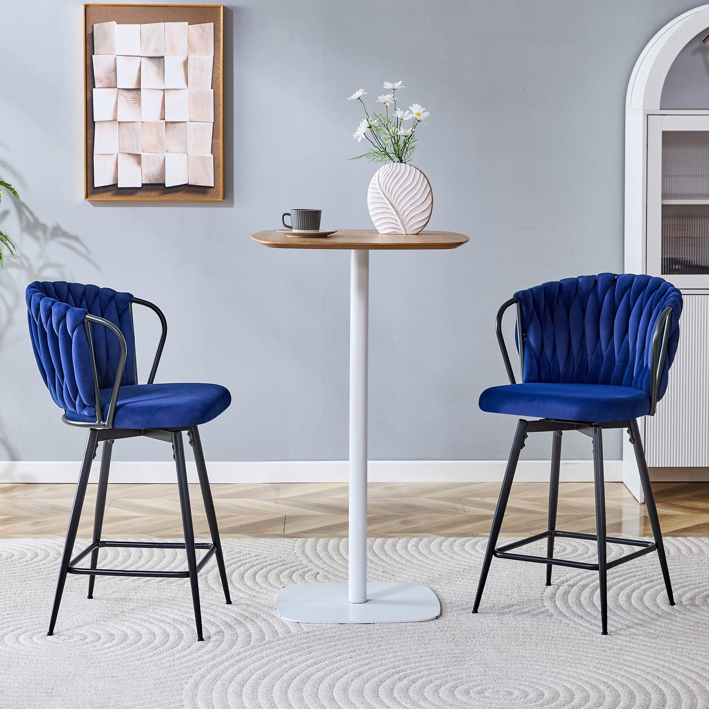 Set Of 2 Modern Velvet Braided Bar Stool With Metal Frame, Upholstered Counter Height Stool With Woven Rope Backrest For Kitchen Island, Home Bar Or Dining Area -Blue