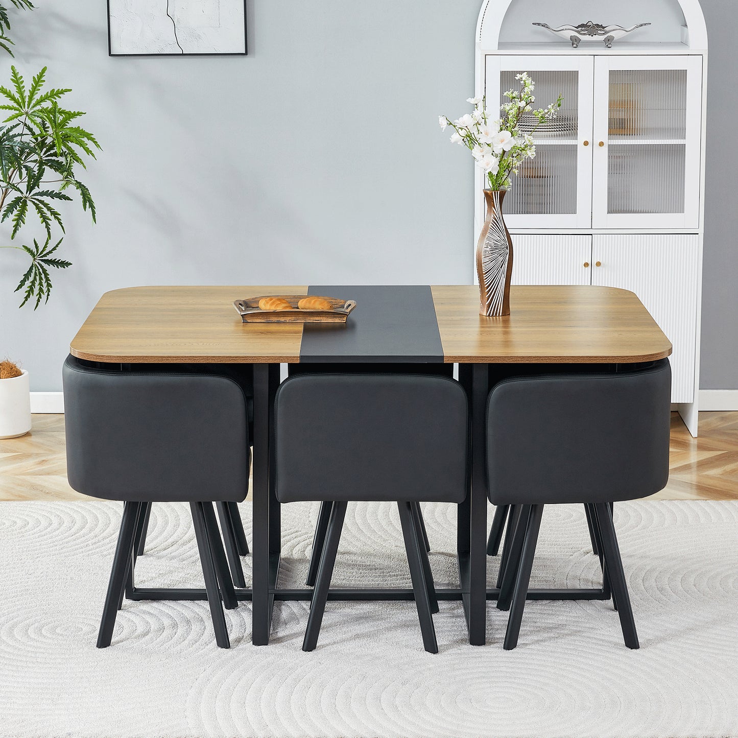 7-Piece Dining Table Set For 6, 1 Table & 6 Black PU Upholstered Chairs, Black & Wood Grain Melamine Table, Modern Kitchen Nook Set For Dining Room, Apartment & Small Space