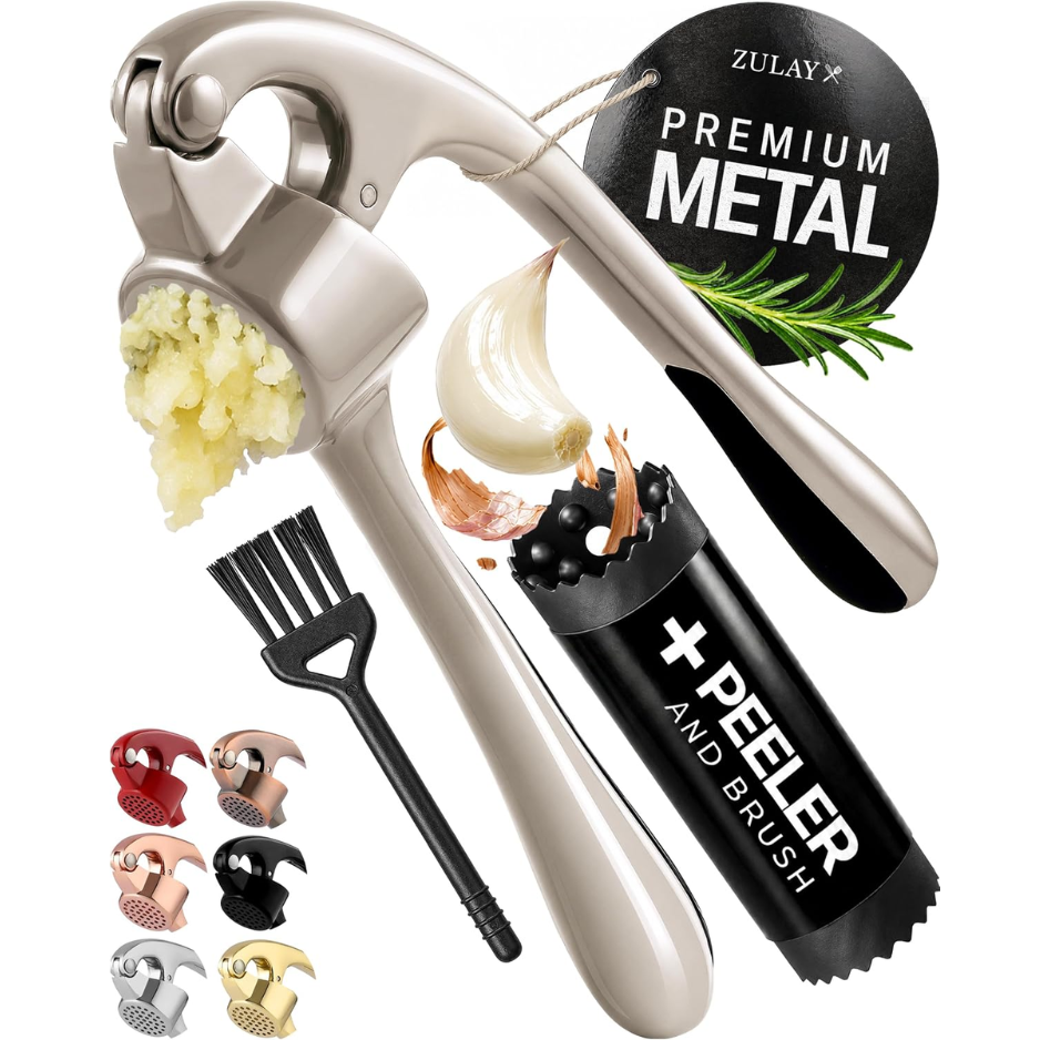 Premium Rust-Proof Garlic Press Set - Easy-Squeeze Mincer With Silicone Peeler & Brush
