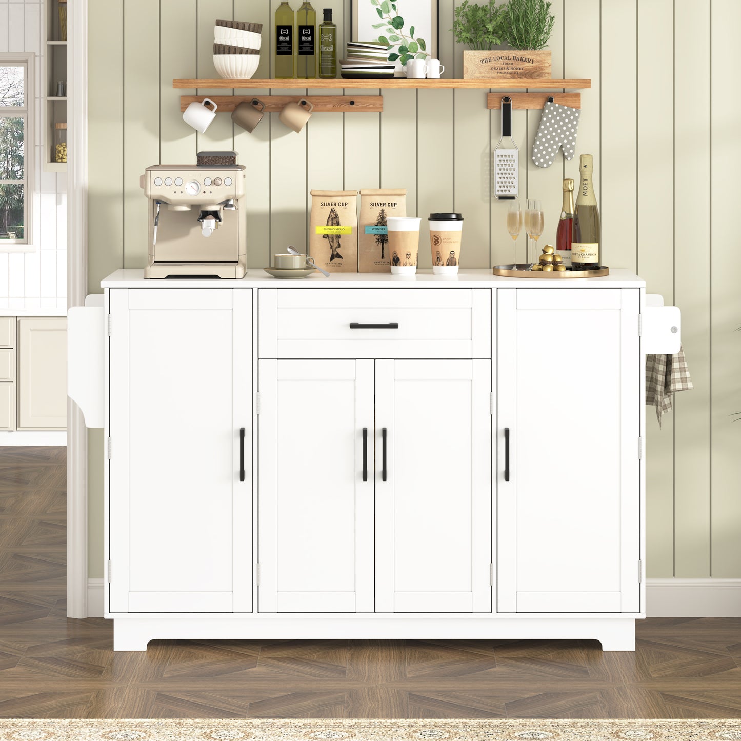 U-STYLE 54.3  Sideboard Buffet Cabinet With Storage  4 Doors & 1 Drawer  Melamine MDF Kitchen Storage With Adjustable Shelves  Aluminum Alloy Handles  Side Shelves & Hanging Rod For Dining Room