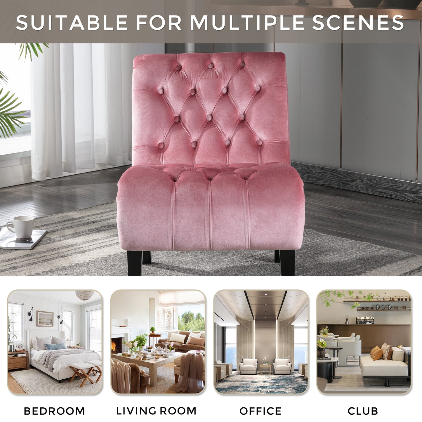 COOLMORE Modern Velvet Armless Accent Living Room Chair   Leisure Chair,Upholstered Fabric Button Comfortable Chair With Wooden Legs For Bedroom, Living Room, Office   Velvet