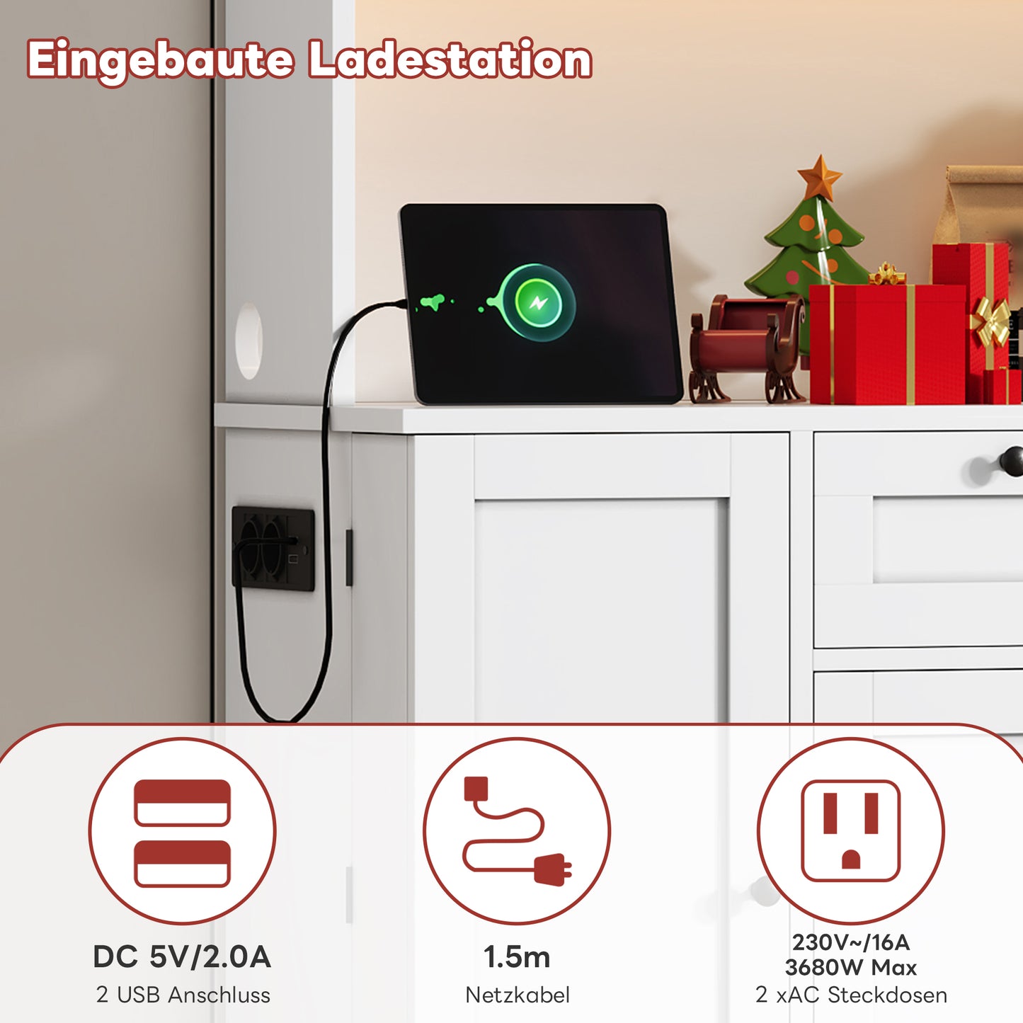 Kitchen Cabinet, Tall Cabinet, Storage Cabinet, Display Cabinet With Door, Integrated Spice Rack, Adjustable Shelves, With Color-changing LED Lighting And Socket, 180 X105 X 40 Cm