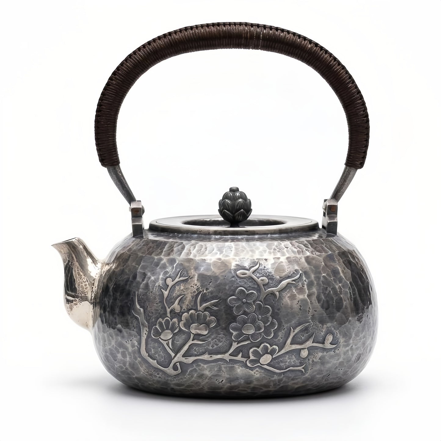 925 Sterling Silver Exquisite Antique Style Silver Tea Kettle with Plum Blossom Motifs and Rattan Handle - Handicraft