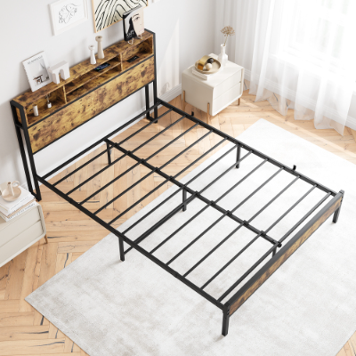 Queen Bed Frame With Storage Headboard, Metal Platform Bed With Charging Station, Bookcase Storage, No Box Spring Needed, Easy Assembly, Noise-Free, Black