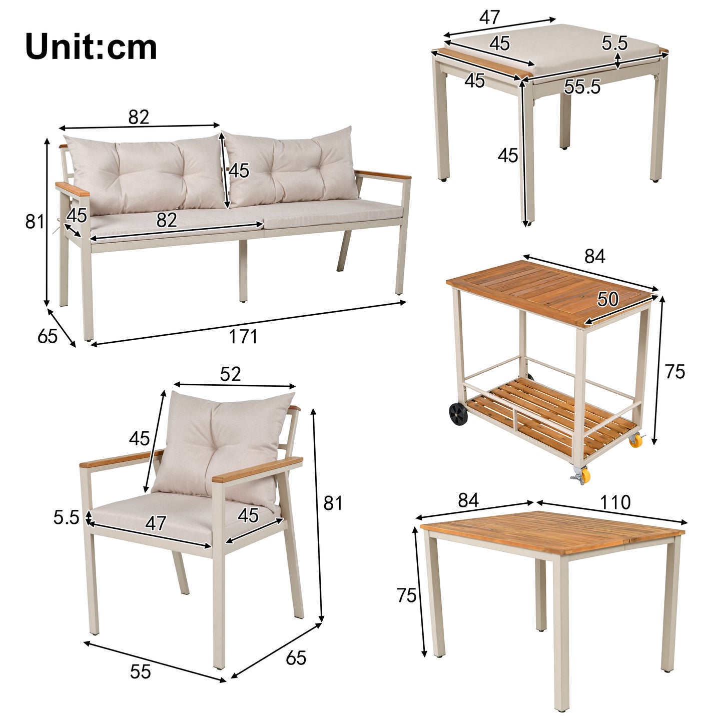 Acacia Wood Dining Table And Chair Set, Outdoor Furniture, 6-7 Seater Garden Dining Table And Chair Set With Armchairs And Removable Dining Trolley, Removable And Washable Fabric Cover