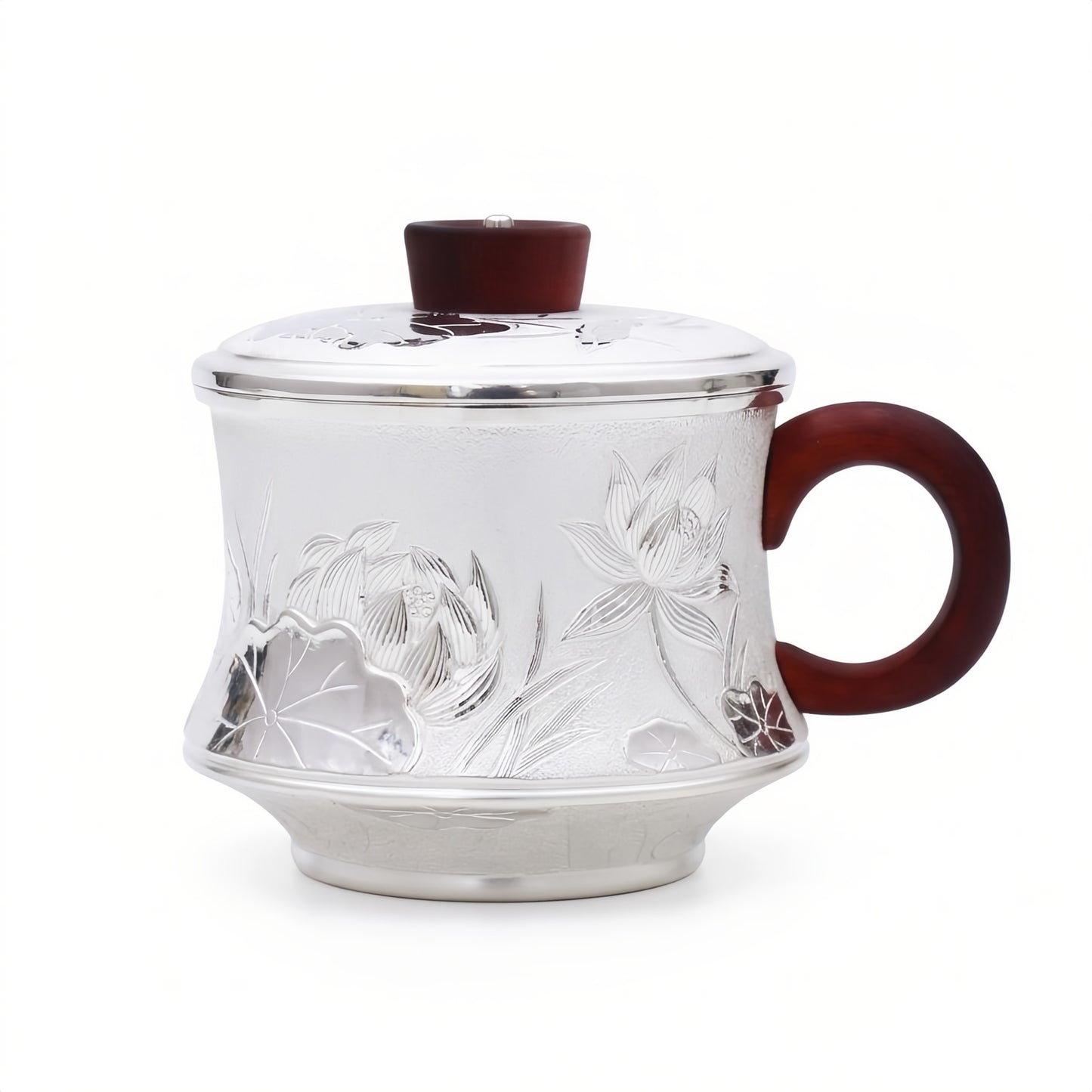 925 Sterling Silver Elegant Silver Lotus Relief Tea Mug with Wooden Handle and Lid - Handicraft