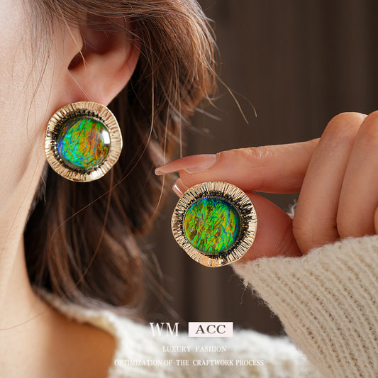 Vintage Fashion Round Resin Stud Earrings - Light Luxury Palace Style, S925 Silver Needle, Premium Niche Jewelry For Women