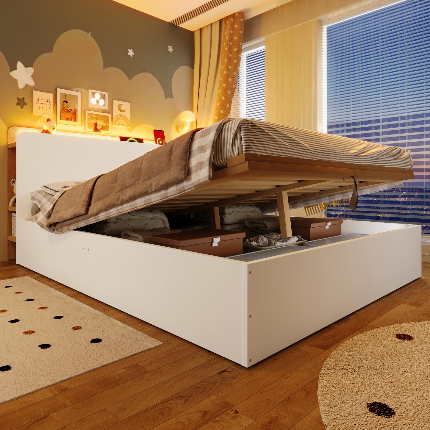 Panel Bed, 140x200cm, Hydraulic, With USB Type-C Charging, LED Lighting, Push-button App, Without Mattress, Multifunctional Storage, White  Natural