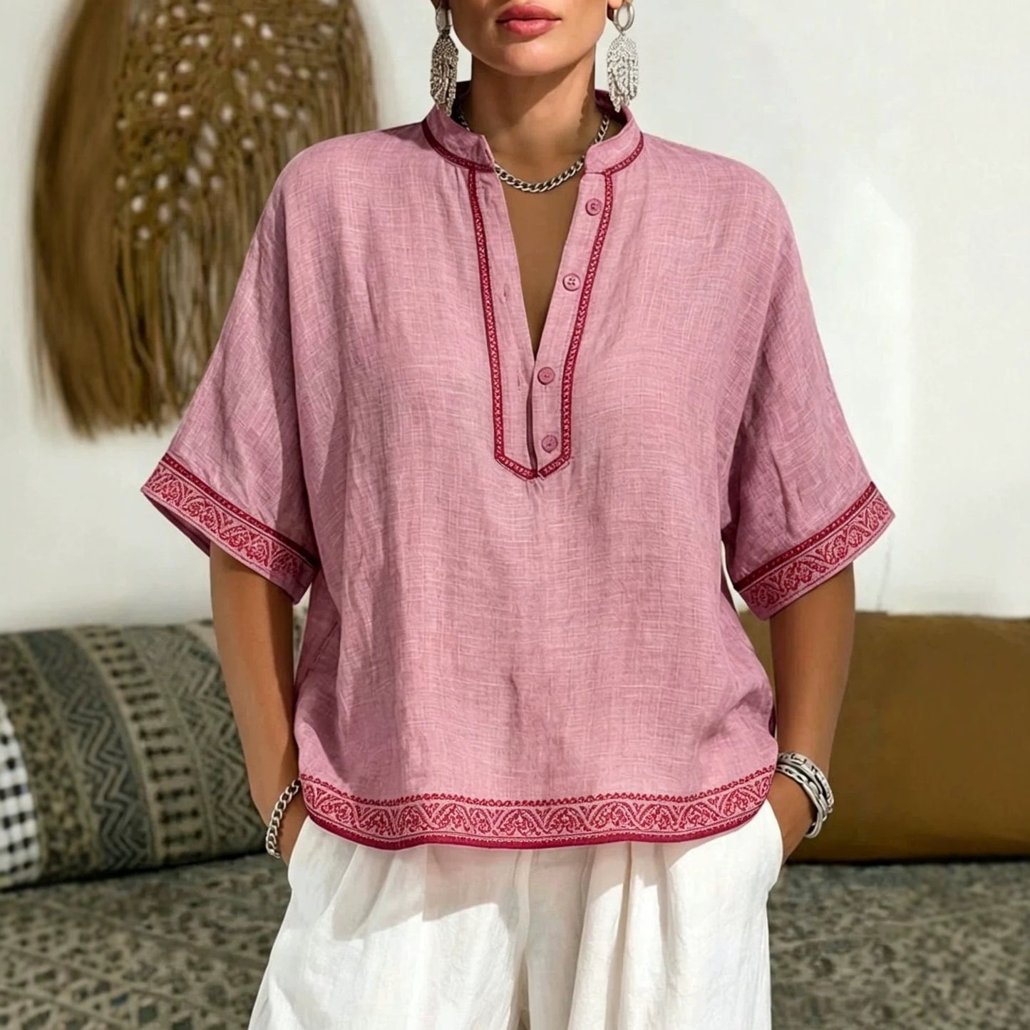 New Stylish Loose-fit V-neck T-shirt With Lace Trim And Buttons