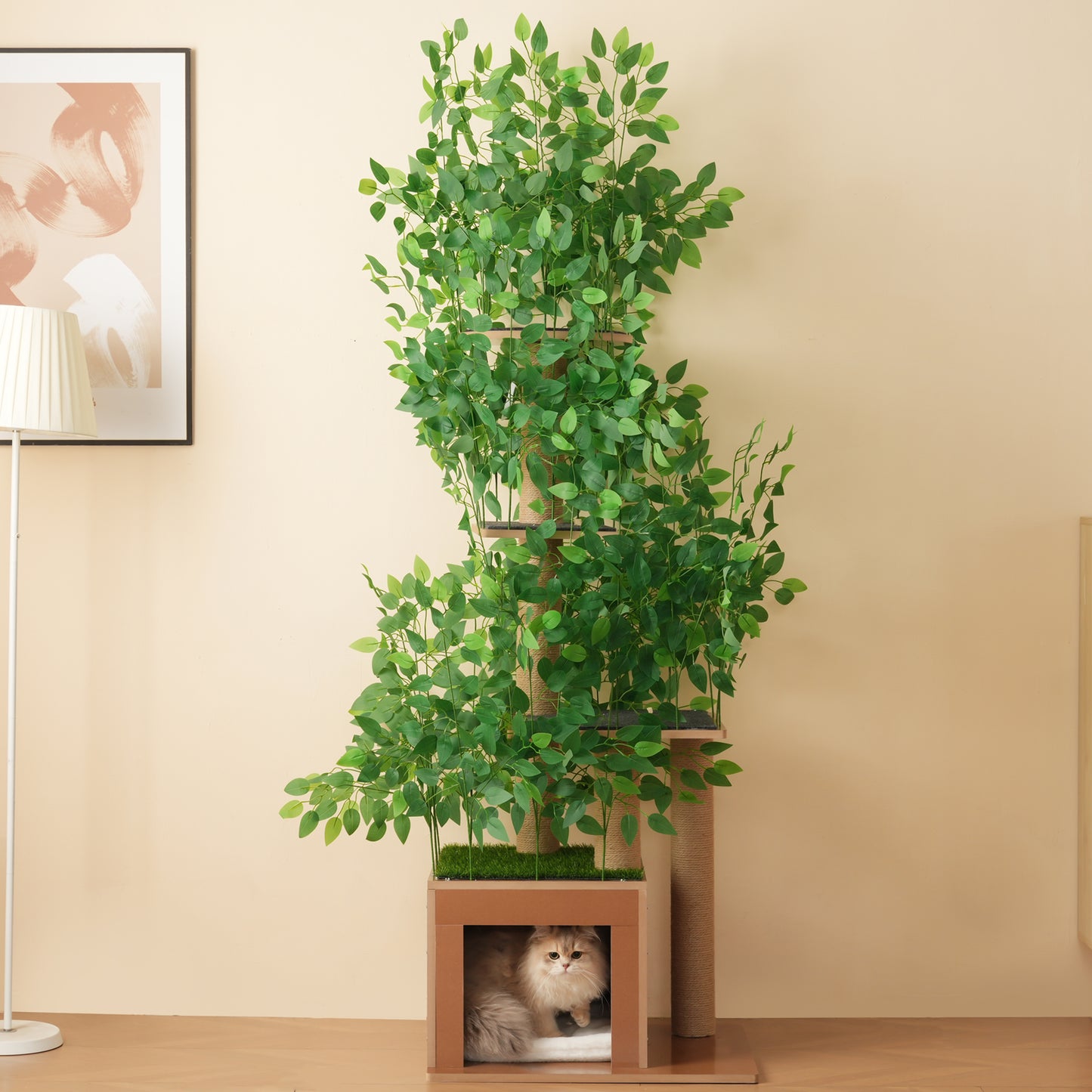 190 Cm Tall Tree-shaped Cat Tree With 4 Platforms And Cat Holes  Pet-safe Material, Removable Leaves, Scratch-resistant MDF  Suitable For Cats To Hide And Climb.
