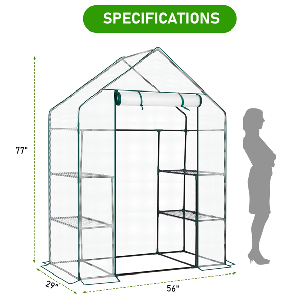 Mini Walk-in Greenhouse With PE Cover, 4-Shelf Indoor Outdoor Plant Gardening Green House For Garden Backyard, 56in  X 29in X 77in, White