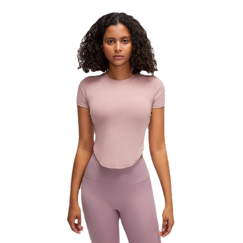 Rib Sports Short-sleeved Blouse With Chest Pad Workout Clothes Running T-shirt Beauty Back Tight