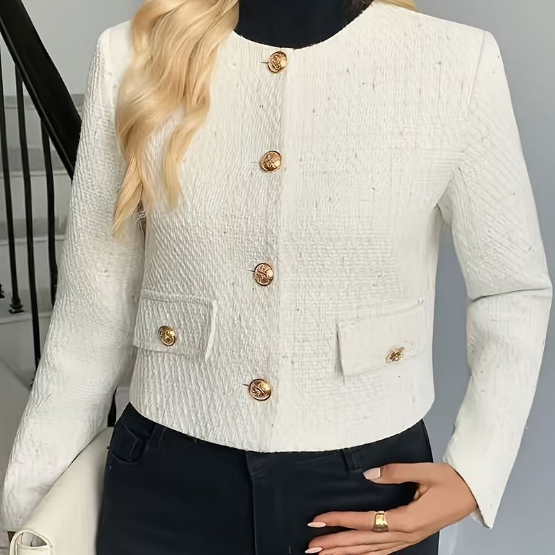 Korean-style Off-white Crew-neck Cropped Coat Button-front Top