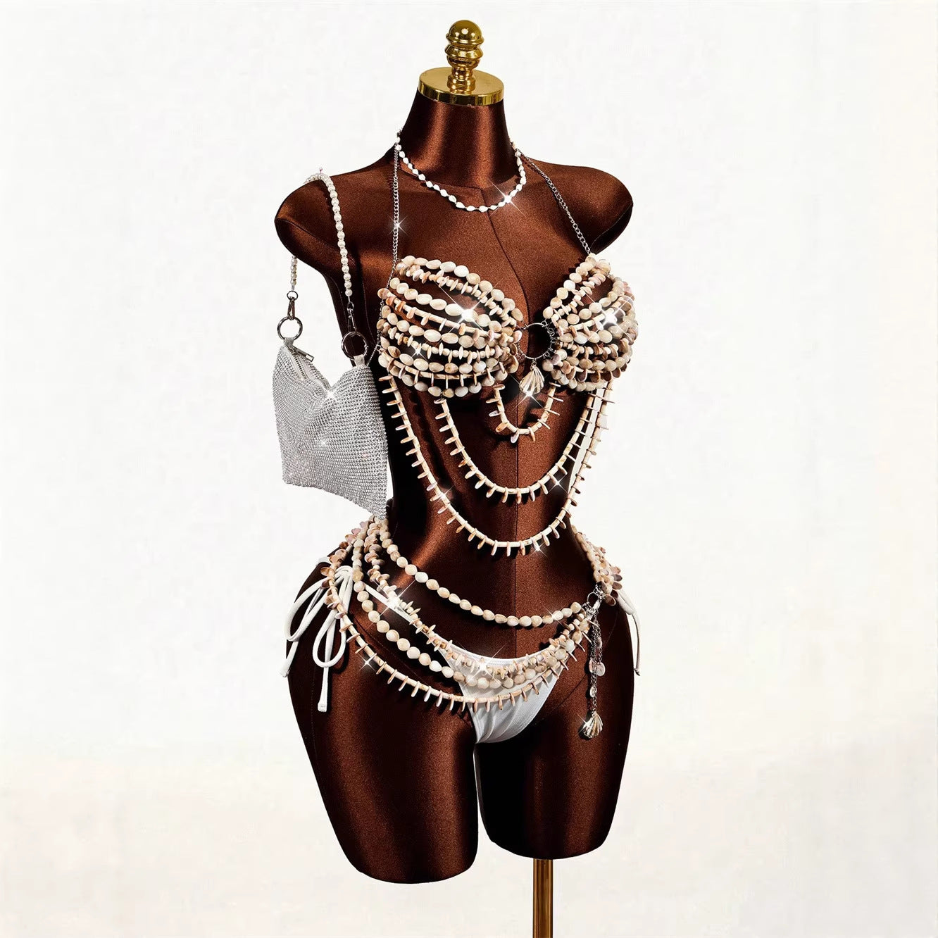 Beaded Bra Vest Halter-Neck Sexy Corset Body Chain 2-Piece Set