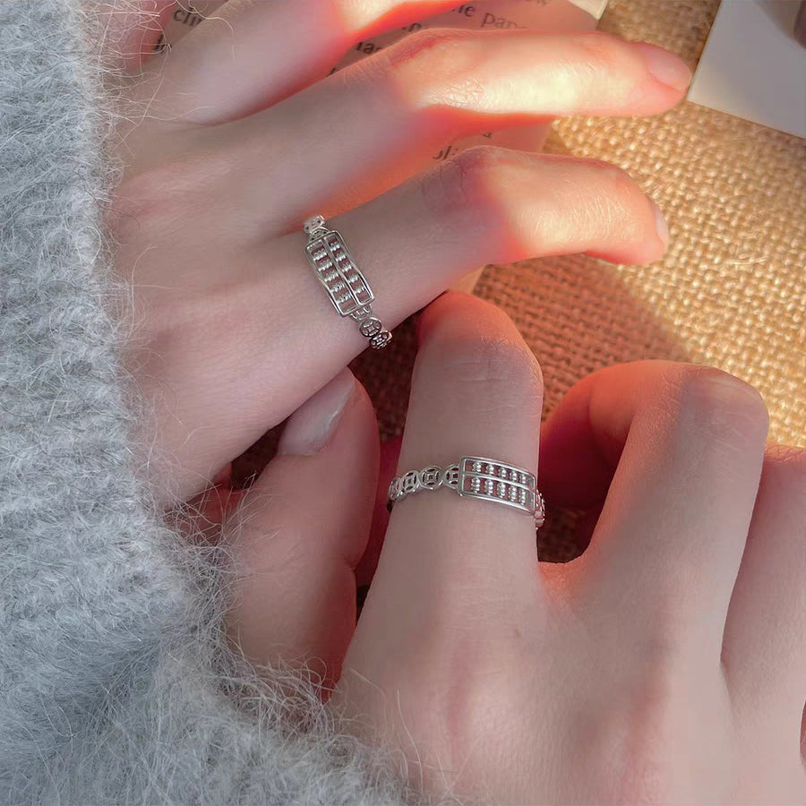 1pc 999 Sterling Silver Abacus And Coin Open Ring, Lucky Retro Style, Perfect For Daily Wear And Holiday Gift