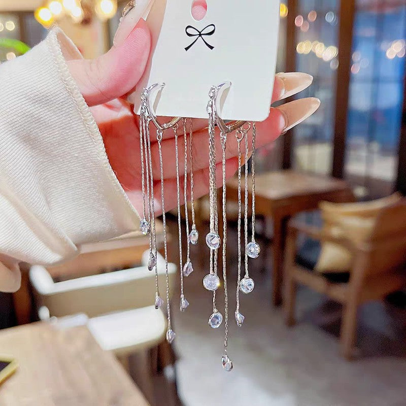 1 Pair 999 Sterling Silver Long Tassel Crystal Earrings, Luxurious Elegant Style, Perfect For Parties & Valentine's Gifts