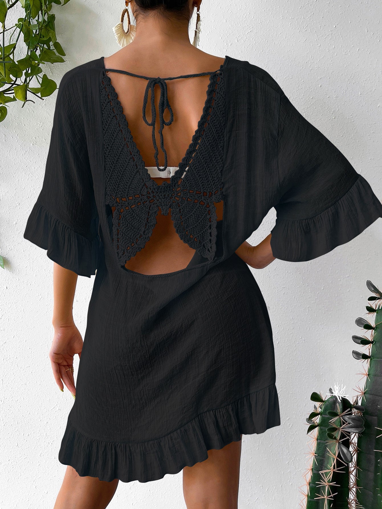 New V Neck Flare Sleeve Back Butterfly Print Sun Protection Dress, Bestseller Beach Cover Up Dress For Amazon