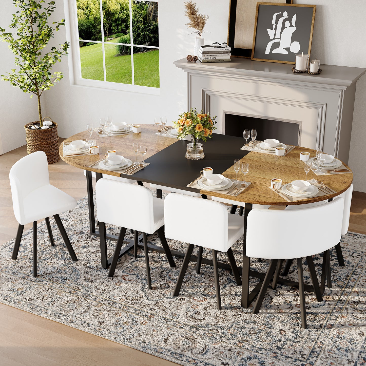 9-Piece Oval Dining Table Set, Fixed Two-Tone Wood Grain & Black Wood Grain Triamine Tabletop With 8 White PU Leather Chairs, Modern Kitchen Table Set For 8 People, Ideal For Family Gatherings