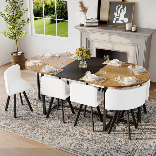 9-Piece Oval Dining Table Set, Fixed Two-Tone Wood Grain & Black Wood Grain Triamine Tabletop With 8 White PU Leather Chairs, Modern Kitchen Table Set For 8 People, Ideal For Family Gatherings