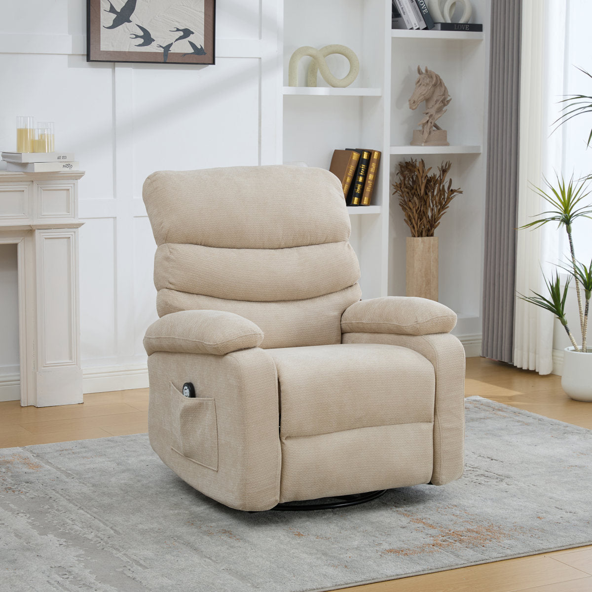 Electric 360 Swivel Recliner With Massage And Heat Function, Manually Adjustable Backrest And Footrest, And Side Storage Pockets. Light Khaki