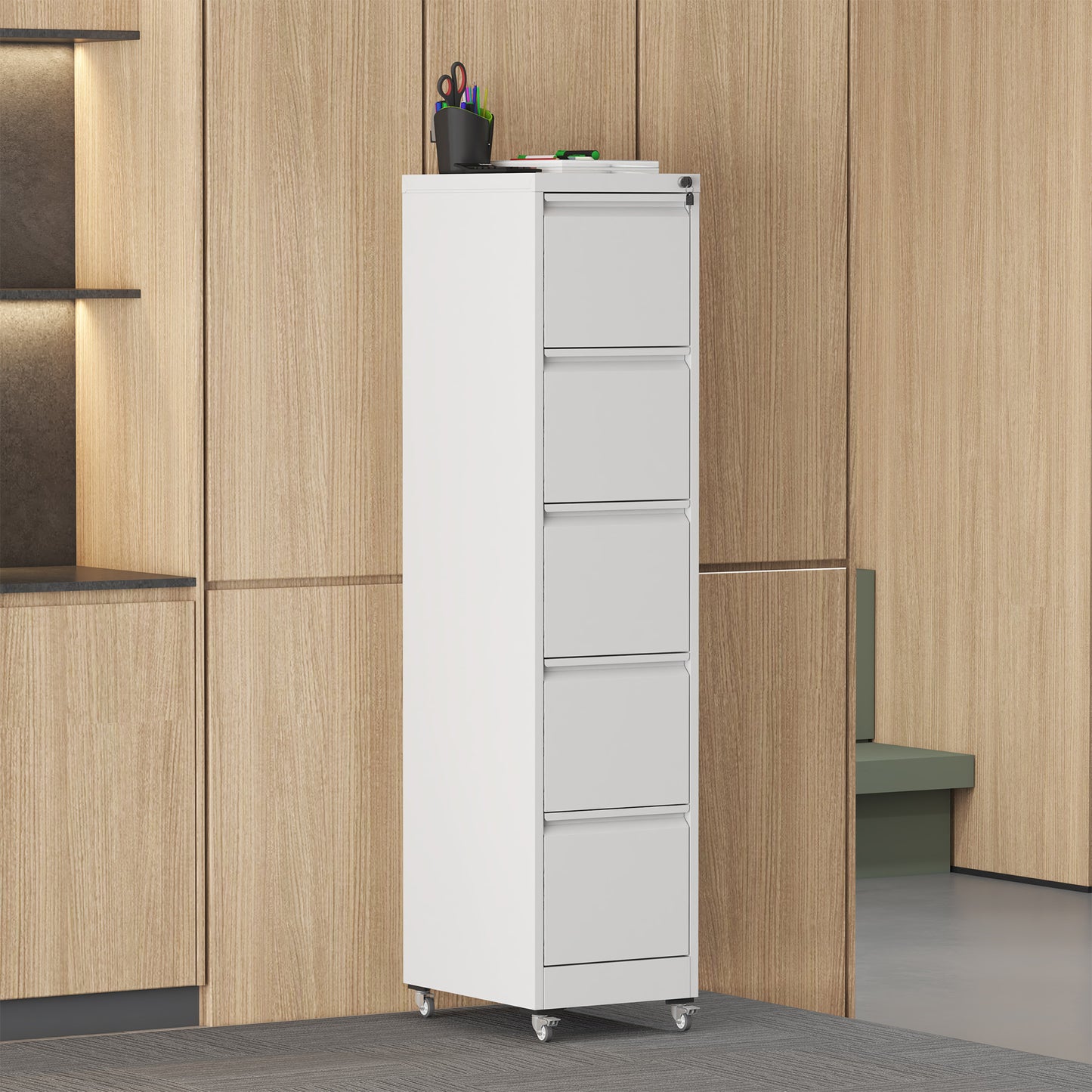 5 Drawer Metal Vertical File Cabinet With Lock On Wheels For Home Office,Heavy Duty Metal Storage Cabinet For A4 Letter Legal Size Files, White, 17.71 Dx15.16 Wx64.17 H