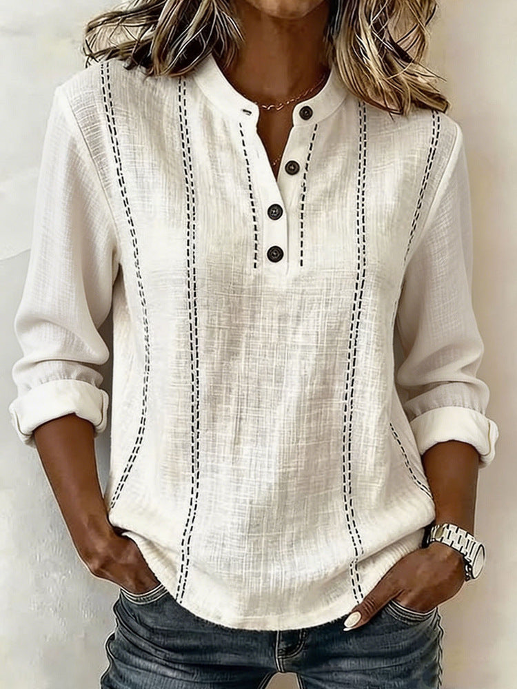 New Summer Loose Fitting Mandarin Collar Long-Sleeve Shirt