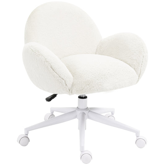 Makeup Vanity Chair, Cute Fluffy Desk Chair With Rolling Wheels For Bedroom Living Room, Cream White
