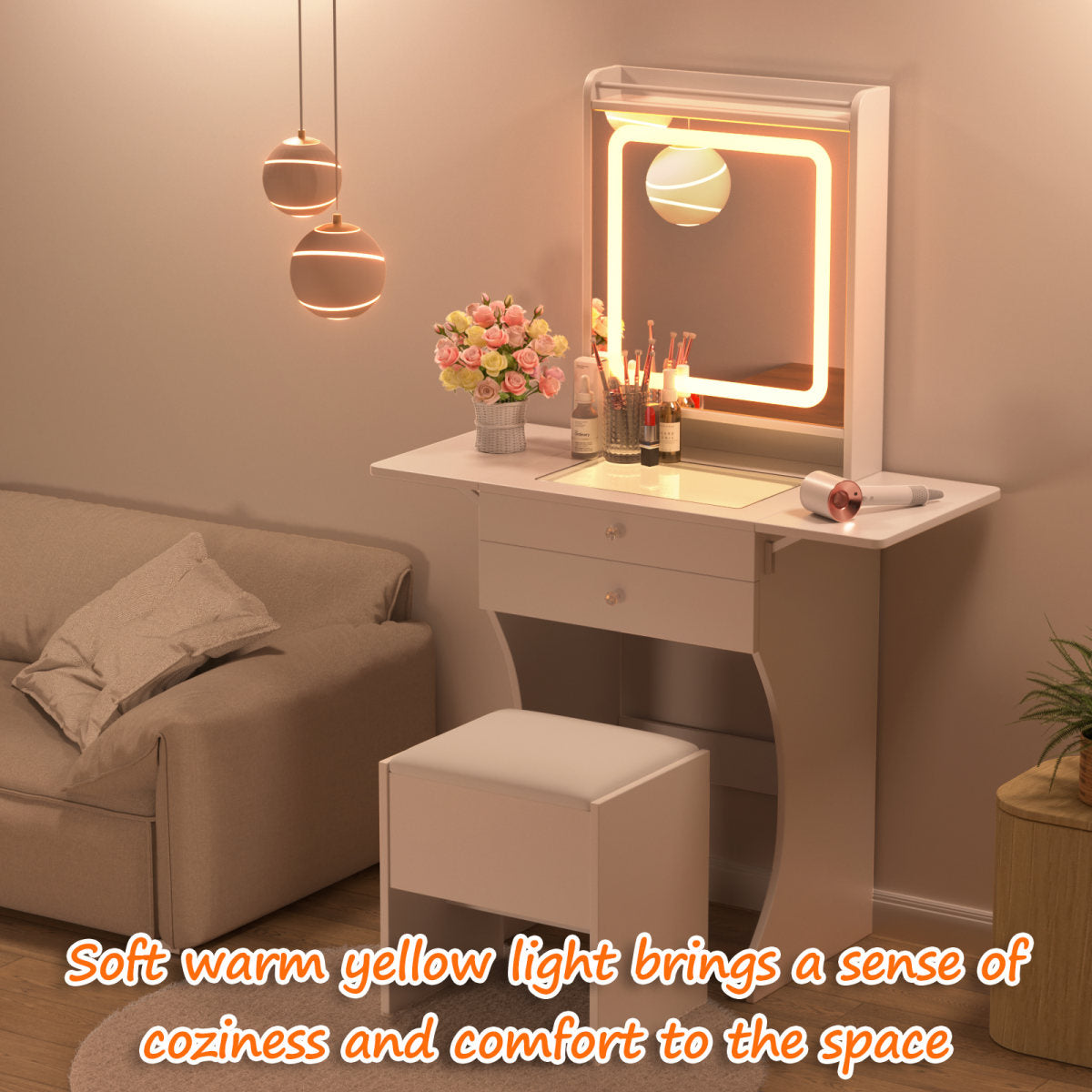 Vanity Set For Small Bedrooms - Small Space Makeup Vanity With Stool, Compartmentalized Drawers & 20cm Foldable Side Tables  Left And Right