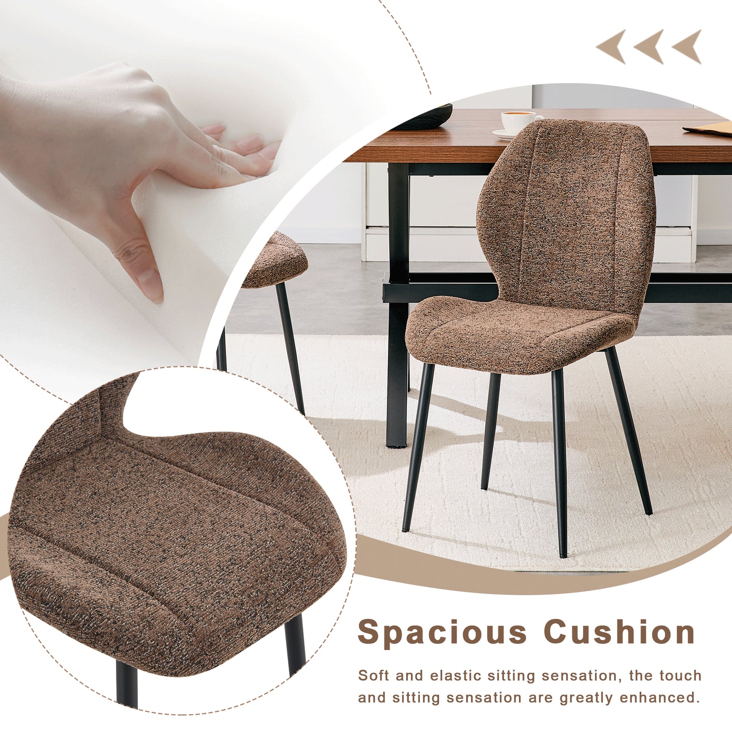 4 Sets Of Retro And Minimalist Brown Fabric Dining Chairs With Spacious And Comfortable Cushions.Black Metal Legs And Adjustable Feet, Suitable For Dining Room, Study & Office ,etc.