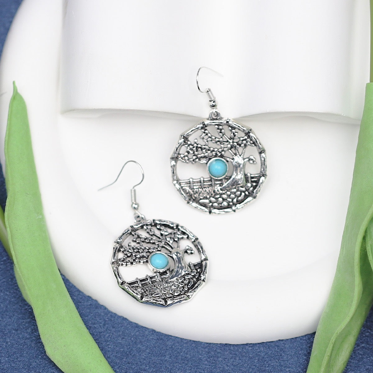 Retro Turquoise Teardrop Earrings For Women Leaf Studs Vintage Bohemian Ethnic Gift