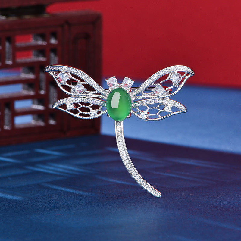 S925 Sterling Silver Dragonfly Brooch, 8x6mm Cabochon Green Chrysoprase, Platinum Plated 3.9g, Elegant Women's Brooch Pin With Gift Box