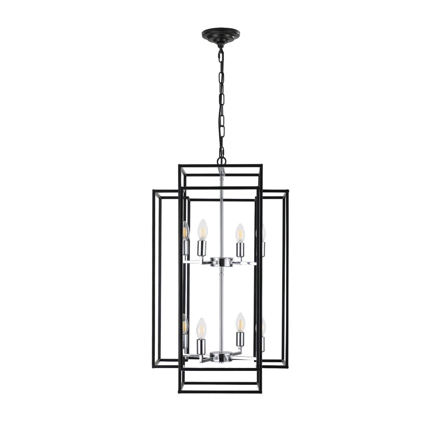18 Modern 8-Light Black & Chrome Geometric Pendant Chandelier, Industrial Metal Frame, Adjustable Hanging Light For Living Room, Dining Room, Kitchen No Bulbs