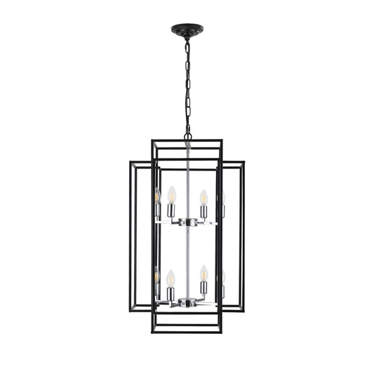 18 Modern 8-Light Black & Chrome Geometric Pendant Chandelier, Industrial Metal Frame, Adjustable Hanging Light For Living Room, Dining Room, Kitchen No Bulbs