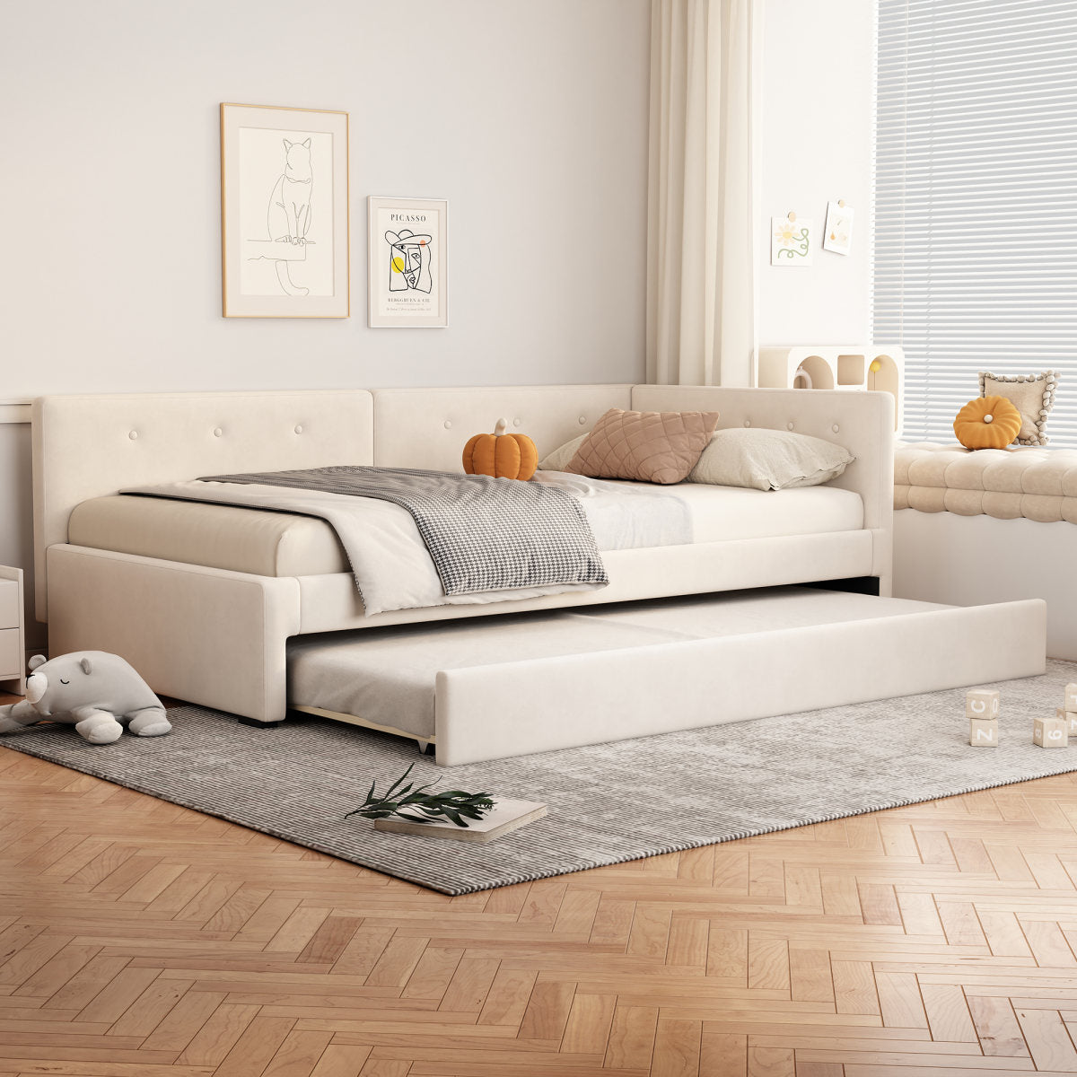 Daybed 90x200cm, Daybed With Rollaway Bed, Sofa Bed, Single Bed  Without Mattress , Minimalist Styling, Beige