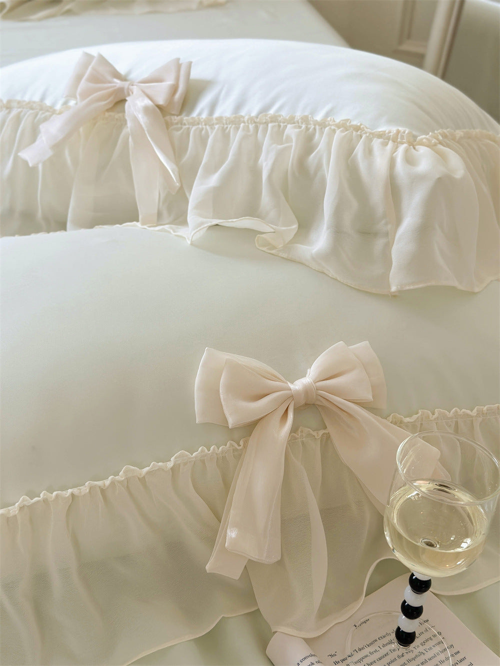 Pure Color Ruffles Princess Style Summer Quilt Tencel Summer Cooling Duvet Airable Cover Four-piece Set